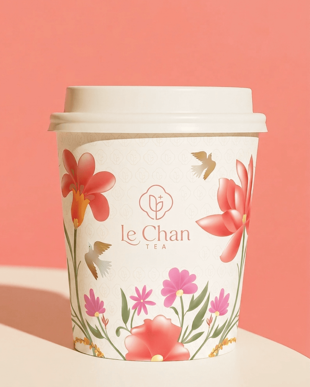 Le Chan Tea branded cup with a floral illustration